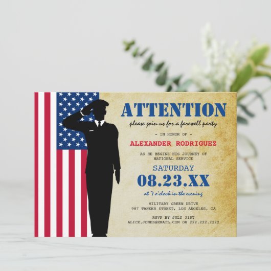 Aankondiging van Rustic Soldaat die de partij afsc (Staand voorkant)