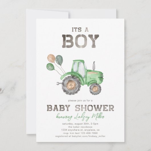 Aankondiging van tractorBaby shower | Groene tract (Voorkant)