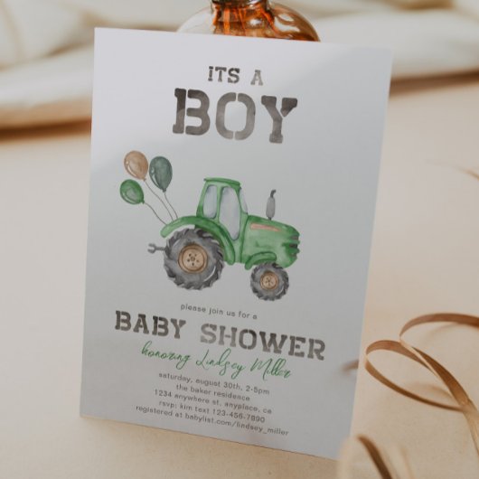 Aankondiging van tractorBaby shower | Groene tract