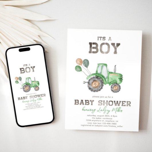 Aankondiging van tractorBaby shower | Groene tract