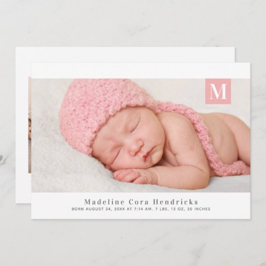 Aankondiging van traditionele monogram-meisje foto (Voorkant / Achterkant)