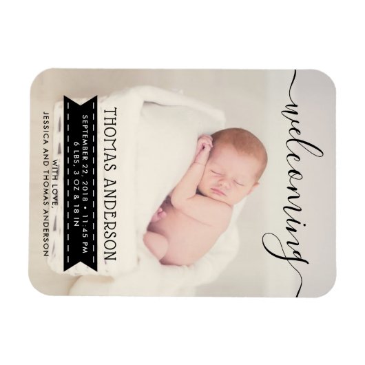 Aankondiging van Trendy Black & White Birth Magneet (Horizontaal)
