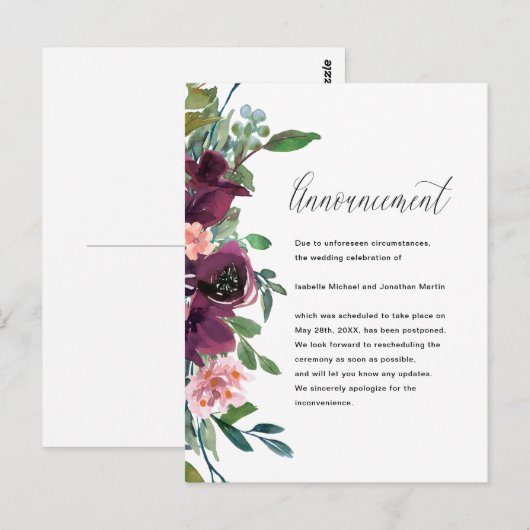 Aankondiging van uitstel van het huwelijk van Flor Briefkaart (Voorkant / Achterkant)