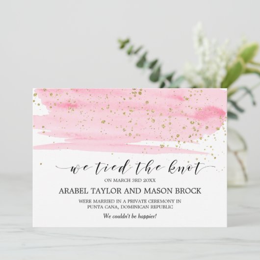 Aankondiging van waterverf Blush & Gold Elopement (Staand voorkant)