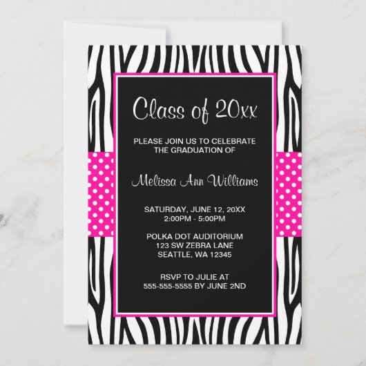 Aankondiging van zebra Hot Pink Polka Dot Afstuder (Voorkant)