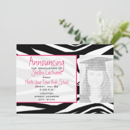 Aankondiging van Zebra Print & Roze Afstuderen fot (Staand voorkant)