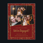 Aankondiging Verloofd Rood Goud 3 Foto Ansichtkaar<br><div class="desc">Gouden confetti versiert de donkerrode achtergrond zowel aan de voor- als achterkant. Drie foto's van het stel zijn te zien op de voorkant. Alle tekst onder de grote 'We zijn verloofd' kan worden aangepast om uw unieke aankondiging te maken.</div>