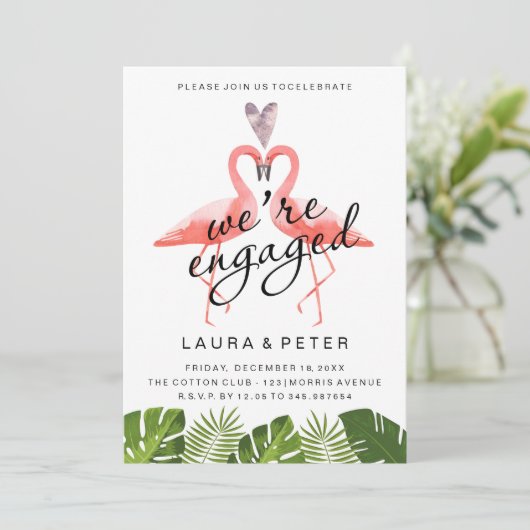 aankondiging verloving | tropisch blad flamingos (Staand voorkant)