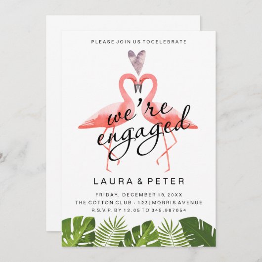 aankondiging verloving | tropisch blad flamingos (Voorkant / Achterkant)