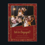 Aankondiging Verlovingskaart Rood Goud 3 Foto<br><div class="desc">Gouden confetti versiert de donkerrode achtergrond zowel aan de voor- als achterkant. Drie foto's van het stel zijn te zien op de voorkant. Alle tekst onder de grote 'We zijn verloofd' kan worden aangepast om uw unieke verloving bekend te maken.</div>