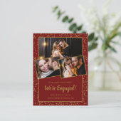 Aankondiging Verlovingskaart Rood Goud 3 Foto (Staand voorkant)