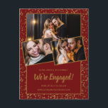 Aankondiging Verlovingskaart Rood Goud 3 Foto Ansi<br><div class="desc">Gouden confetti versiert de bordeauxrode achtergrond zowel aan de voor- als achterkant. Drie foto's van het stel zijn te zien op de voorkant. Alle tekst onder de grote We're Engaged kan worden aangepast om uw unieke verlovingsaankondiging aan te passen.</div>