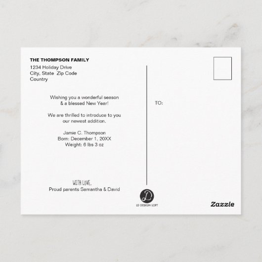 Aankondiging voor de eerste kerstbevalling van de briefkaart (Achterkant)