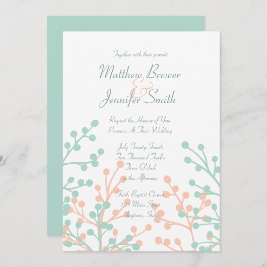 Aankondiging voor groene en Koraalse bruiloft (Voorkant / Achterkant)
