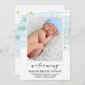 Aankondiging waterverf Blue & Gold Photo Birth (Voorkant / Achterkant)