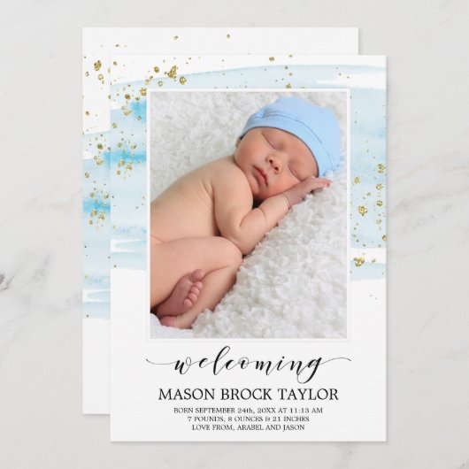 Aankondiging waterverf Blue & Gold Photo Birth (Voorkant / Achterkant)