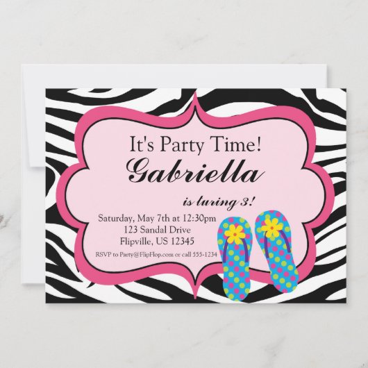 Aankondiging Zebra Print Flip Flop Birthday Party (Voorkant)