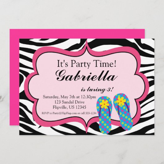 Aankondiging Zebra Print Flip Flop Birthday Party (Voorkant / Achterkant)