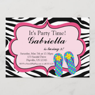 Aankondiging Zebra Print Flip Flop Birthday Party