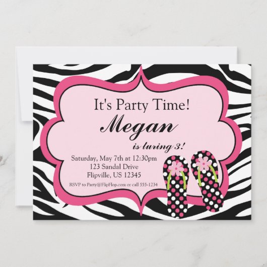 Aankondiging Zebra Print Flip Flop Birthday Party (Voorkant)