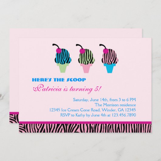 Aankondiging Zebra Print Ice Cream Party (Voorkant / Achterkant)