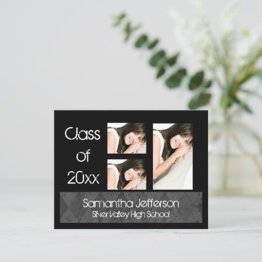 Aankondiging zwart Afstuderen, 3 foto's (Staand voorkant)