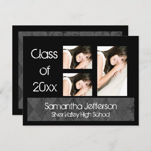 Aankondiging zwart Afstuderen, 3 foto's (Voorkant / Achterkant)