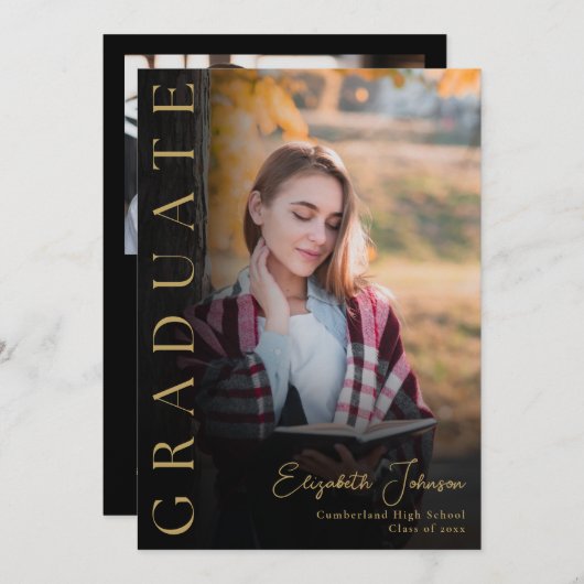 Aankondiging zwart en gouden foto-Afstuderen (Voorkant / Achterkant)