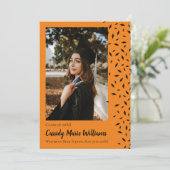Aankondiging zwart Oranje Confetti Afstuderen (Staand voorkant)