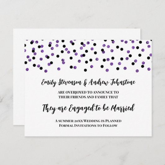 Aankondiging zwart Paars Confetti Verloving (Voorkant / Achterkant)