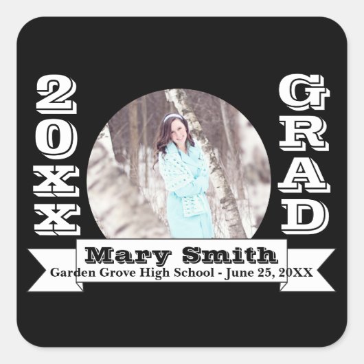 Aankondiging zwart-wit formeel Afstuderen Vierkante Sticker (Voorkant)