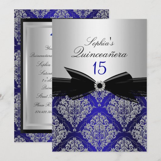 Aankondigingen blauw en zilver Damask Quinceanera (Voorkant / Achterkant)