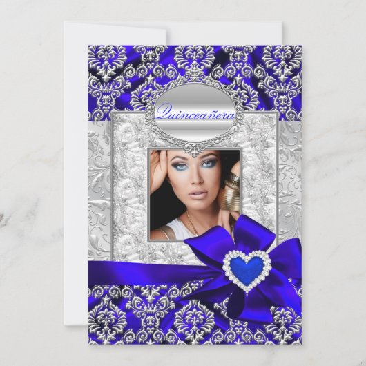 Aankondigingen blauw en zilver Damask Quinceanera (Voorkant)