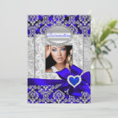 Aankondigingen blauw en zilver Damask Quinceanera (Staand voorkant)