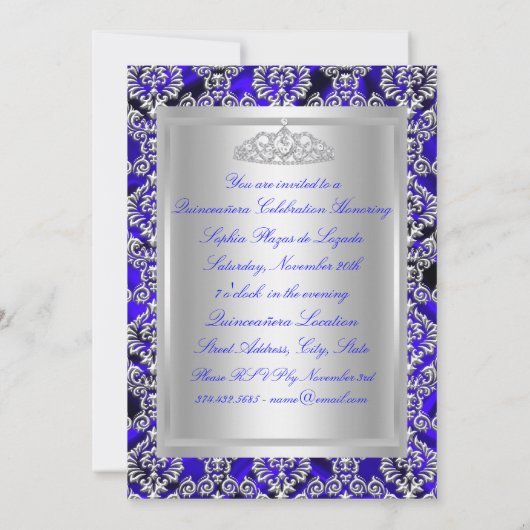 Aankondigingen blauw en zilver Damask Quinceanera (Achterkant)