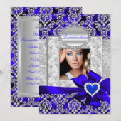 Aankondigingen blauw en zilver Damask Quinceanera (Voorkant / Achterkant)