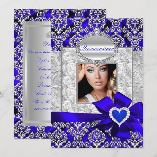Aankondigingen blauw en zilver Damask Quinceanera (Voorkant / Achterkant)