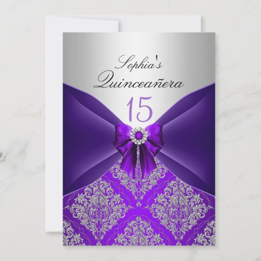 Aankondigingen Paarse Damask & Bow Quinceanera (Voorkant)