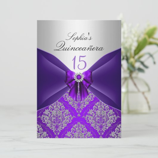 Aankondigingen Paarse Damask & Bow Quinceanera (Staand voorkant)