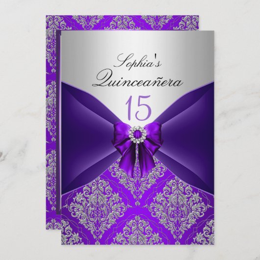 Aankondigingen Paarse Damask & Bow Quinceanera (Voorkant / Achterkant)