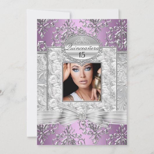 Aankondigingen Paarse en Zilveren Damask Quinceane (Voorkant)