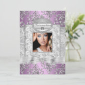 Aankondigingen Paarse en Zilveren Damask Quinceane (Staand voorkant)