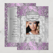 Aankondigingen Paarse en Zilveren Damask Quinceane (Voorkant / Achterkant)