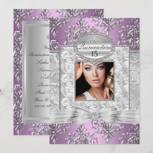 Aankondigingen Paarse en Zilveren Damask Quinceane (Voorkant / Achterkant)