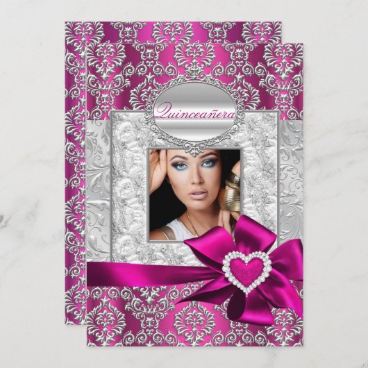 Aankondigingen van roze en zilver Damask Quinceane (Voorkant / Achterkant)