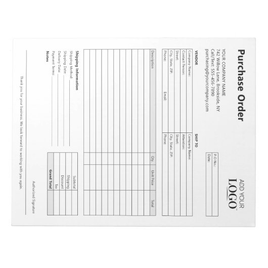 Aankooporderformulier | Bewerkbare Logo voor klein Notitieblok (Voorkant)