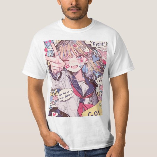 Aanmoediging Anime Schoolgirl Art Print T-shirt (Voorkant)