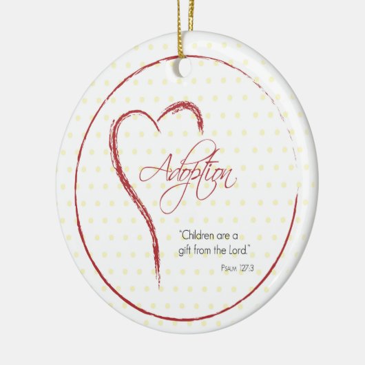 Aanneming, religieuze, gele Stippen met rood hart Keramisch Ornament (Links)