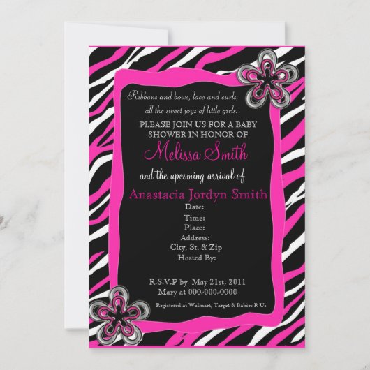 Aannodiging tot Baby shower Zebra Print - Hot Pink Kaart (Voorkant)