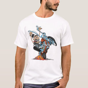 Aanpak van de auto - fietser die op een cartoon me t-shirt